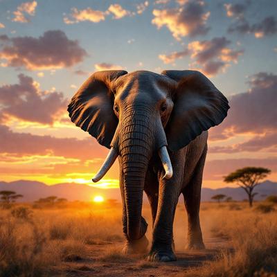 The primary subject of the image is a large elephant walking through a field. The setting is a sunset, with the sky in the background. The visual style is a photo, capturing the elephant in its natural habitat. The colors and mood of the image are warm and serene, as the sun sets and the elephant continues its journey.